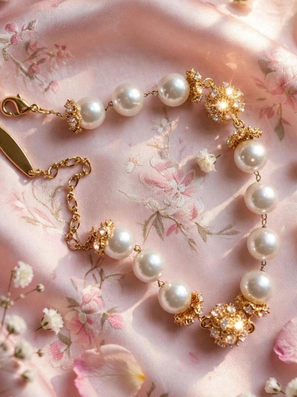 Faux Pearl Rhinestone Bracelet Gold Tone Crystal Bead Elegant Bridal Coquette